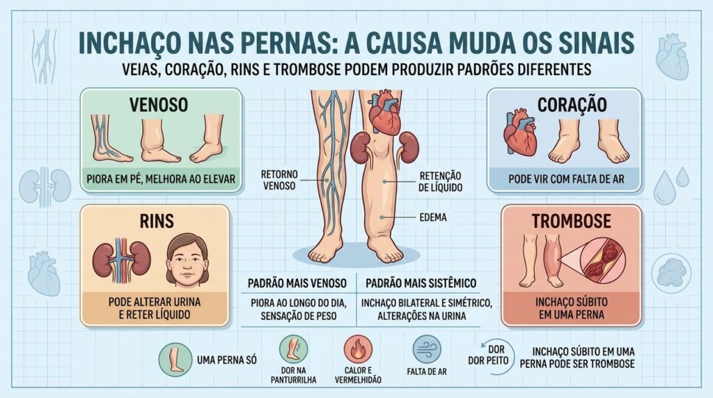 Padrão do inchaço, sintomas associados e lateralidade ajudam a orientar a causa.