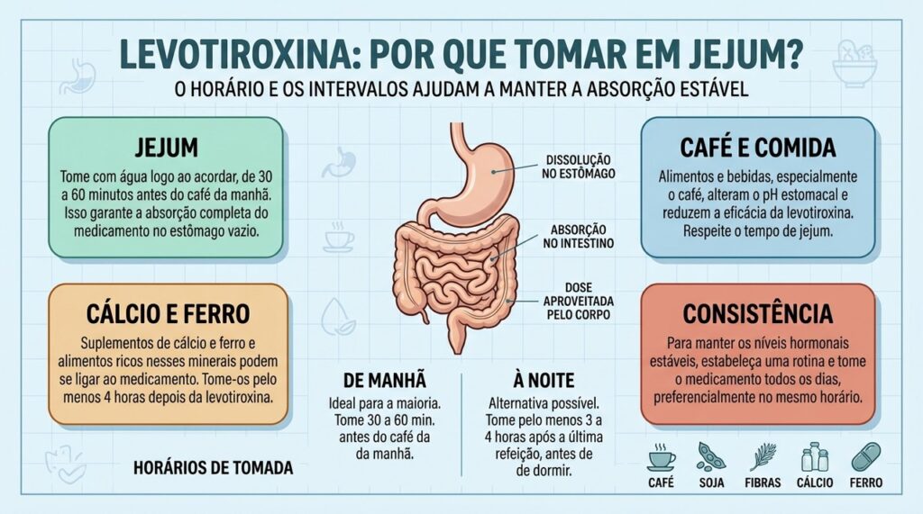 Jejum, intervalos e consistência ajudam a manter a absorção da levotiroxina.