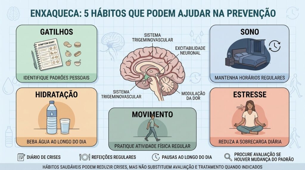 Gatilhos, sono, hidratação, estresse e movimento ajudam a estruturar a prevenção da enxaqueca.