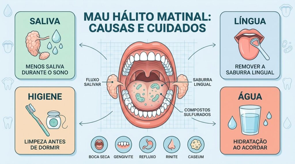Saliva, higiene da língua, escovação e hidratação ajudam a controlar o hálito matinal.