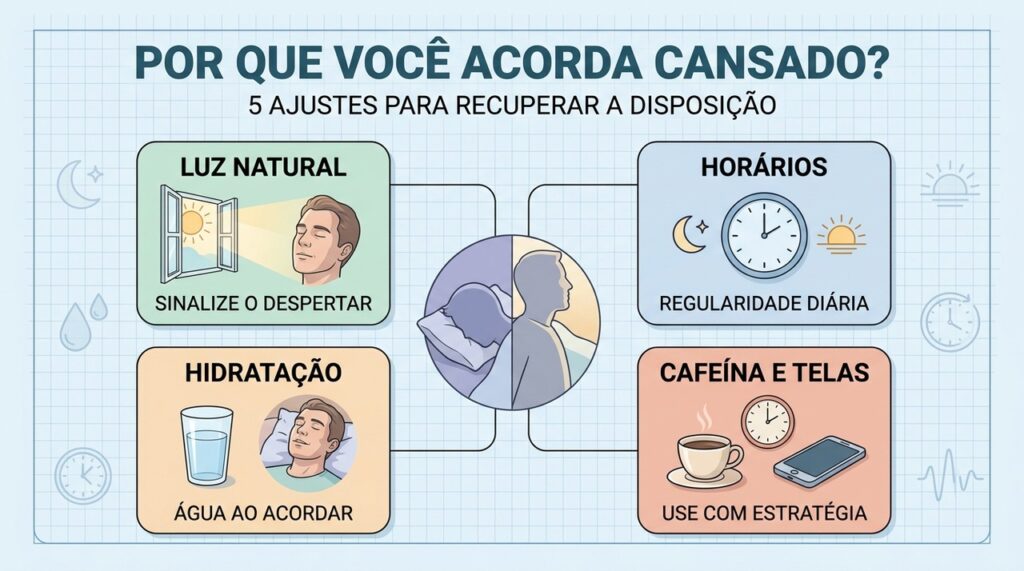 Luz, hidratação, horários regulares e menos estímulos favorecem manhãs mais dispostas.