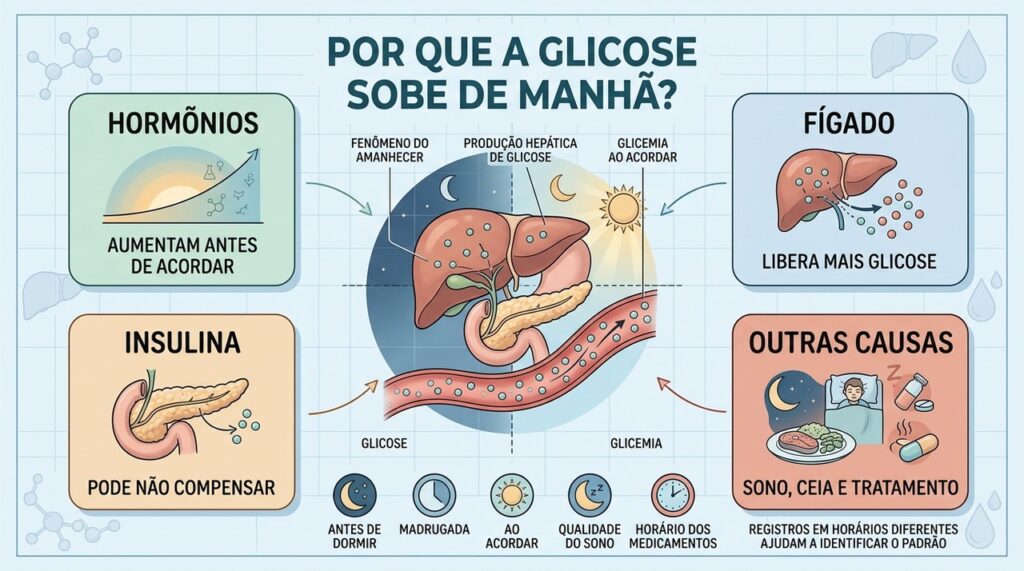 Hormônios, fígado, insulina e hábitos noturnos explicam a glicose alta pela manhã.