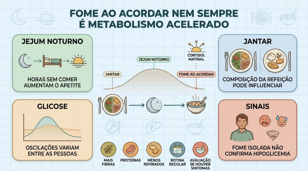 Jejum, jantar, glicose e sinais associados ajudam a interpretar a fome matinal.