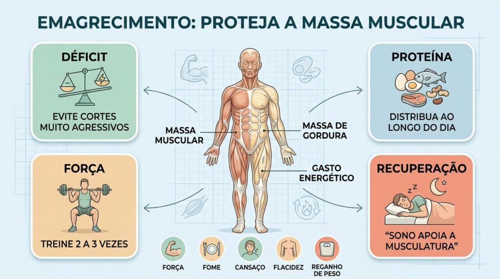 Proteína, treino de força, déficit moderado e sono ajudam a preservar massa muscular.