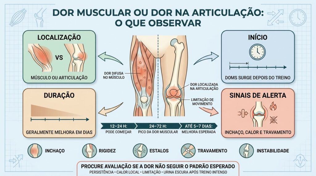 Localização, tempo de início, duração e sinais articulares ajudam a diferenciar os dois quadros.