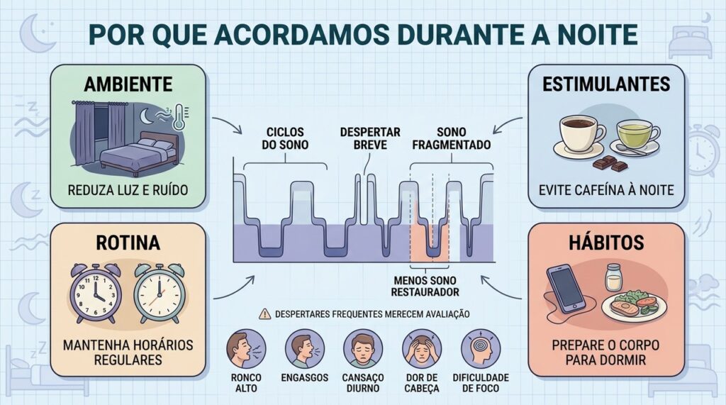 Ambiente, estimulantes, rotina e hábitos influenciam a continuidade do sono noturno.