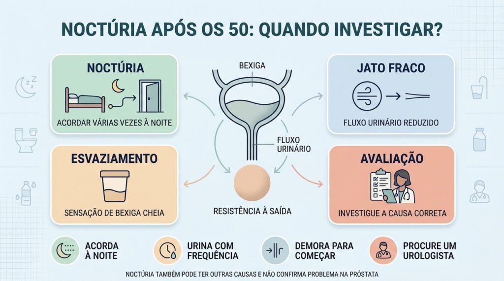 Noctúria, fluxo urinário e esvaziamento ajudam a identificar quando investigar a causa.
