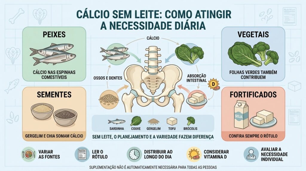 Peixes, vegetais, sementes e alimentos fortificados ajudam a distribuir o cálcio ao longo do dia.