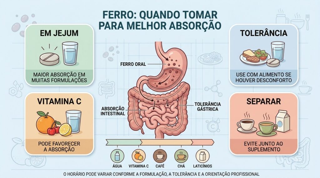 Jejum, tolerância, vitamina C e separação de bebidas influenciam o uso do ferro.