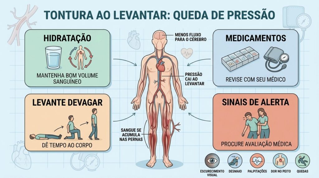 Hidratação, medicamentos, mudanças posturais e sinais de alerta ajudam a entender a hipotensão ortostática.