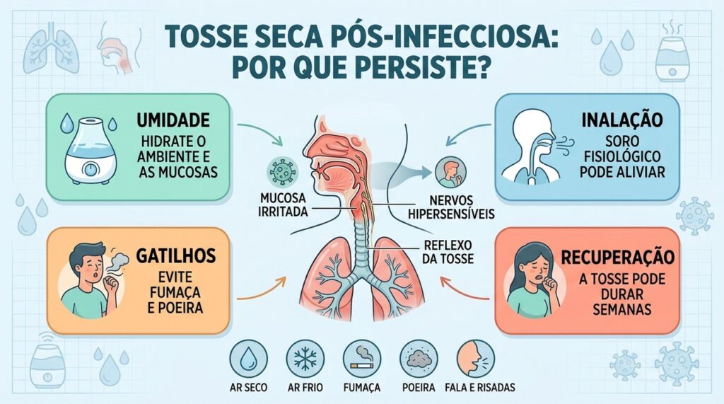 Após infecções, mucosa irritada e nervos sensíveis podem manter o reflexo da tosse.