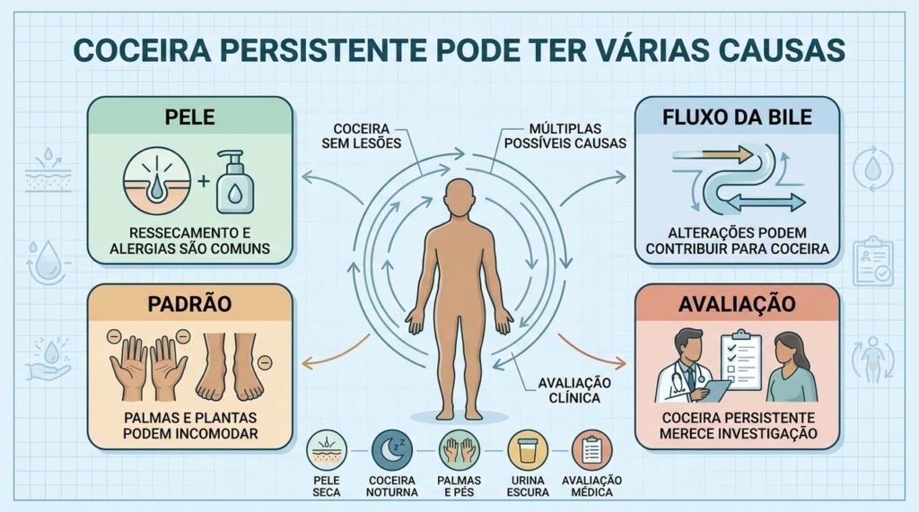 Pele, fluxo da bile, padrão da coceira e avaliação ajudam a orientar a investigação.