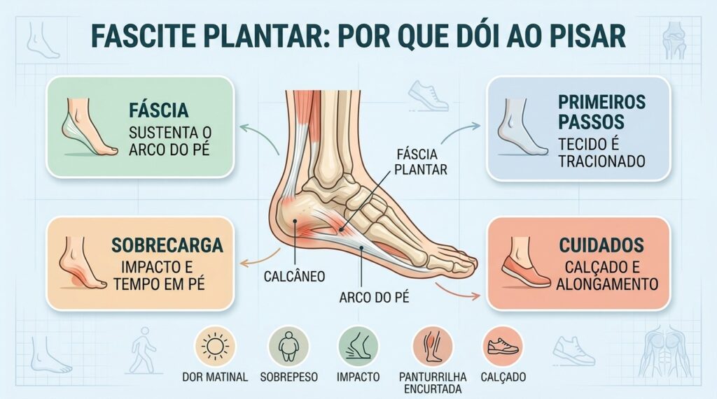 Sobrecarga, impacto e encurtamento muscular podem aumentar a pressão sobre a fáscia plantar.