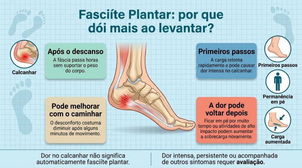 Na fascite plantar, a dor costuma piorar após o repouso, aliviar com os primeiros minutos de movimento e reaparecer com nova sobrecarga.