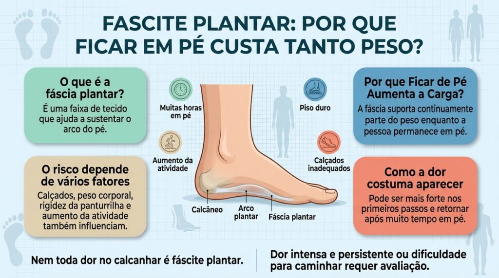A fascite plantar costuma resultar de sobrecarga repetitiva, especialmente quando longos períodos em pé se somam a outros fatores.
