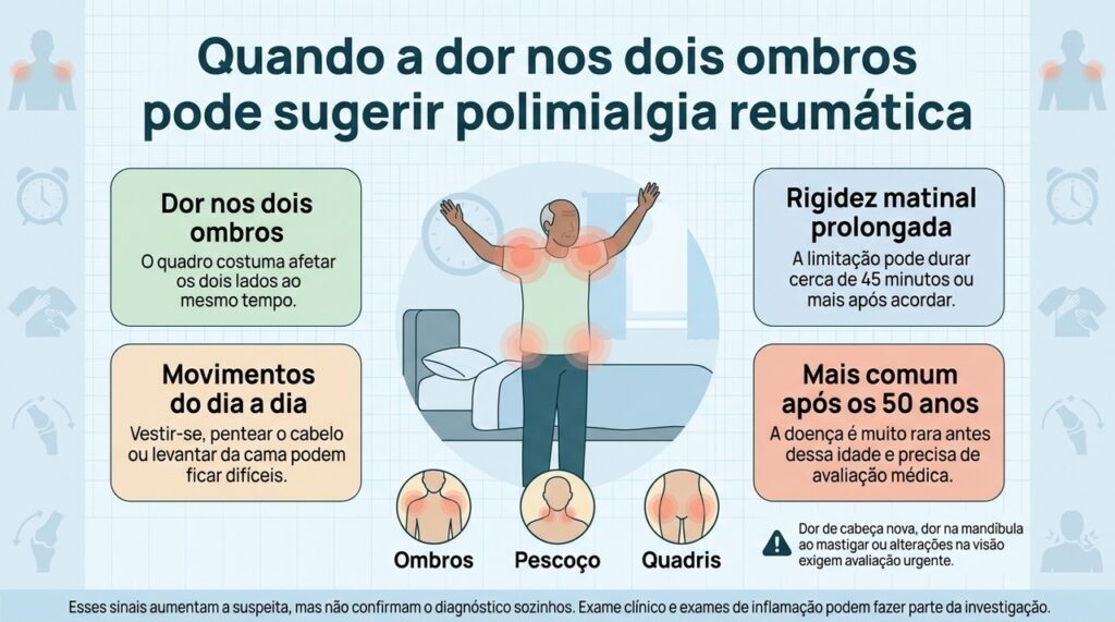 A combinação de dor bilateral nos ombros, rigidez matinal prolongada e idade acima de 50 anos merece investigação médica.