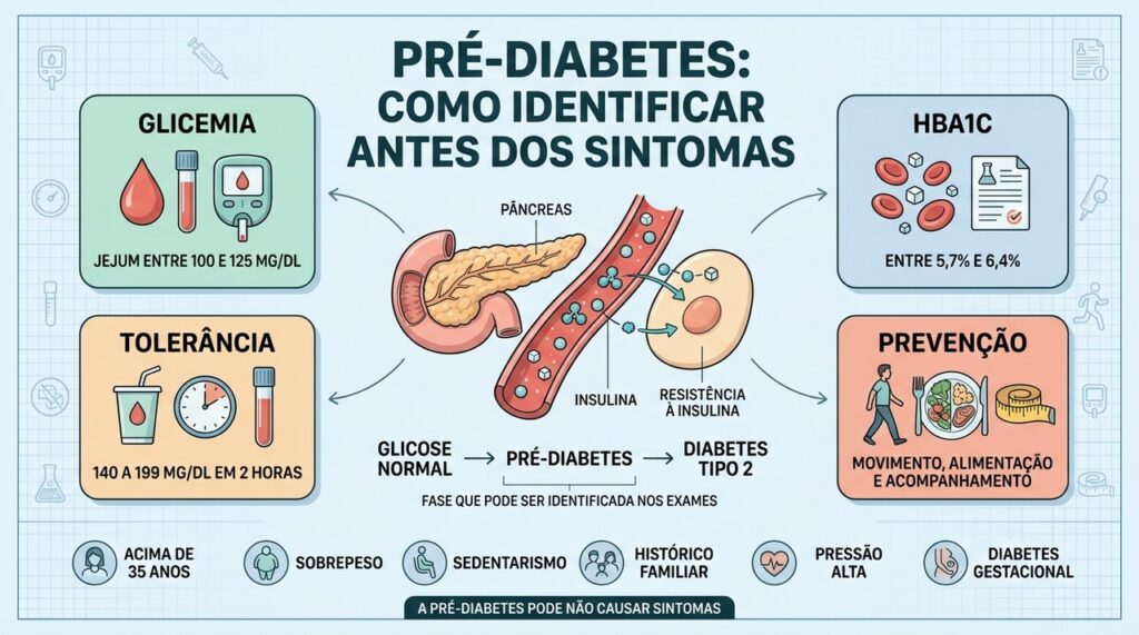 Glicemia, HbA1c, tolerância e prevenção ajudam a detectar a pré-diabetes cedo.