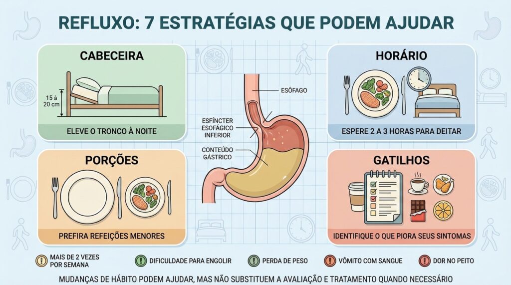 Cabeceira, horários, porções, gatilhos, peso, roupas e álcool influenciam o refluxo.