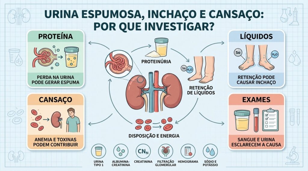 Proteína, retenção de líquidos, cansaço e exames ajudam a investigar alterações renais.