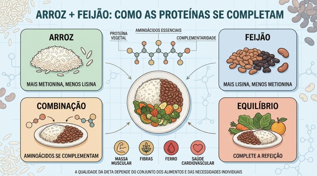 Arroz e feijão complementam lisina e metionina em uma combinação proteica equilibrada.