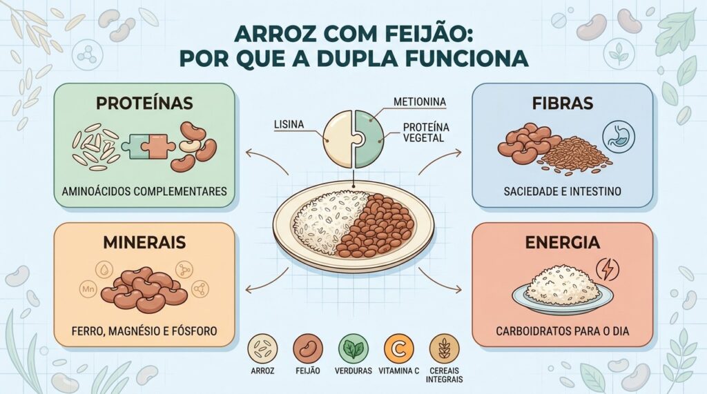 Proteínas complementares, fibras, minerais e energia explicam o valor nutricional da dupla.