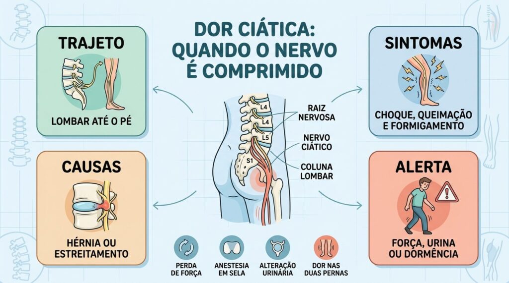 Dor ciática envolve trajeto nervoso, sintomas, causas e sinais de alerta importantes.