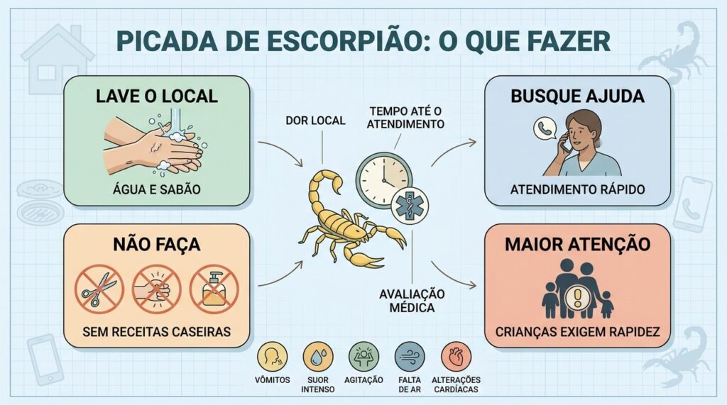 Lavar o local e buscar atendimento rápido são as principais medidas após a picada.