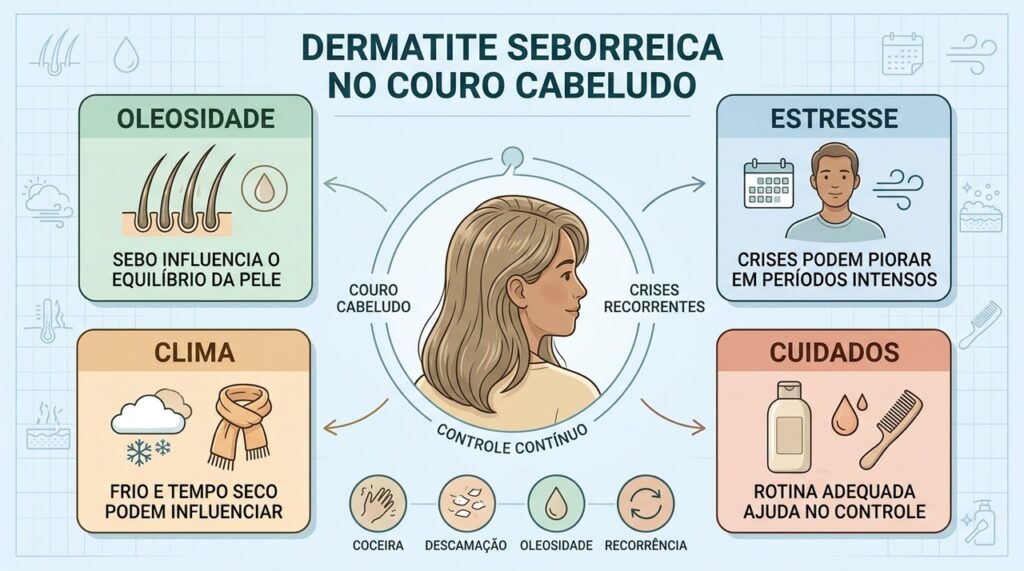 Oleosidade, estresse, clima e cuidados diários influenciam as crises de dermatite seborreica.