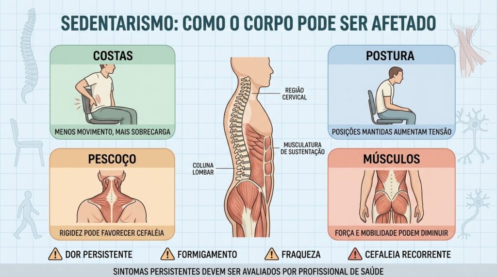 Costas, postura, pescoço e força muscular podem sofrer com longos períodos de inatividade.