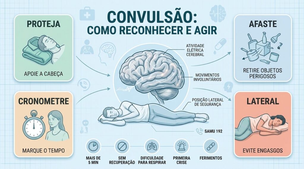 Reconhecer sinais, proteger a pessoa e cronometrar a crise orientam o socorro seguro.