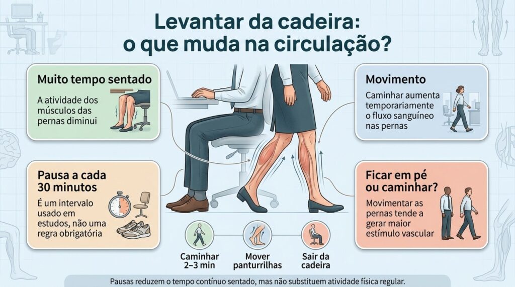 Pausas curtas com movimento ajudam a reativar os músculos das pernas e aumentar temporariamente o fluxo sanguíneo.