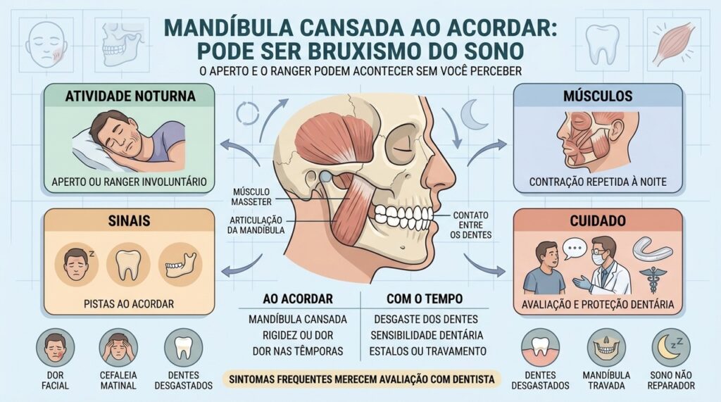 Atividade noturna, tensão muscular e sinais matinais ajudam a reconhecer o bruxismo.