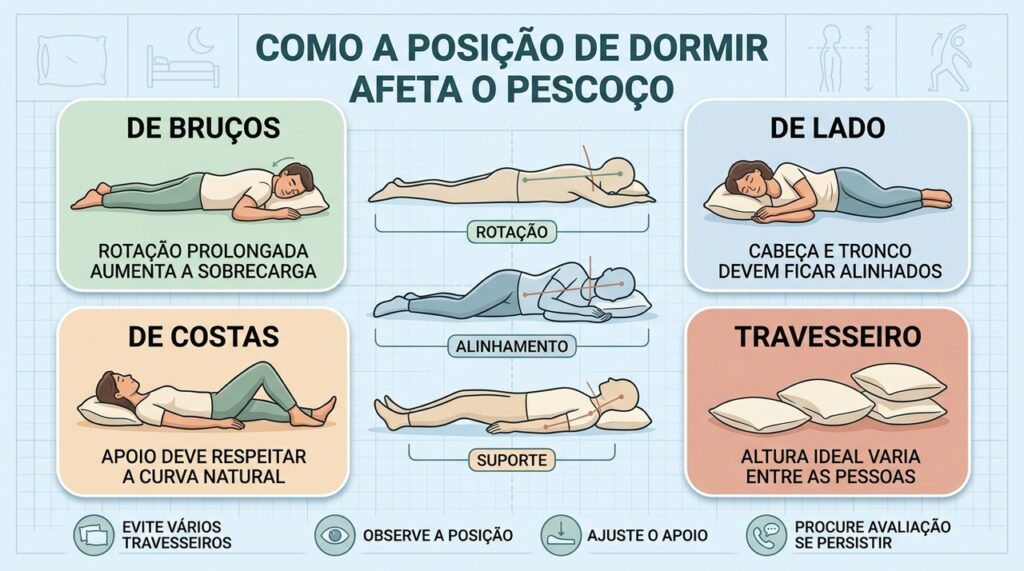 Posição, alinhamento e altura do travesseiro influenciam a sobrecarga cervical durante o sono.