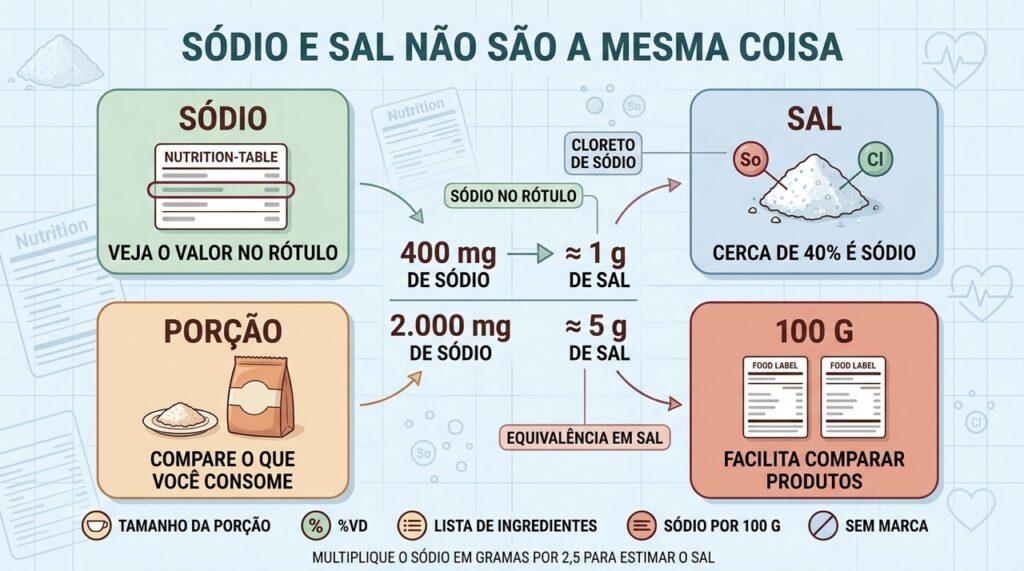 Sódio, sal, porção e comparação por 100 g esclarecem o rótulo.