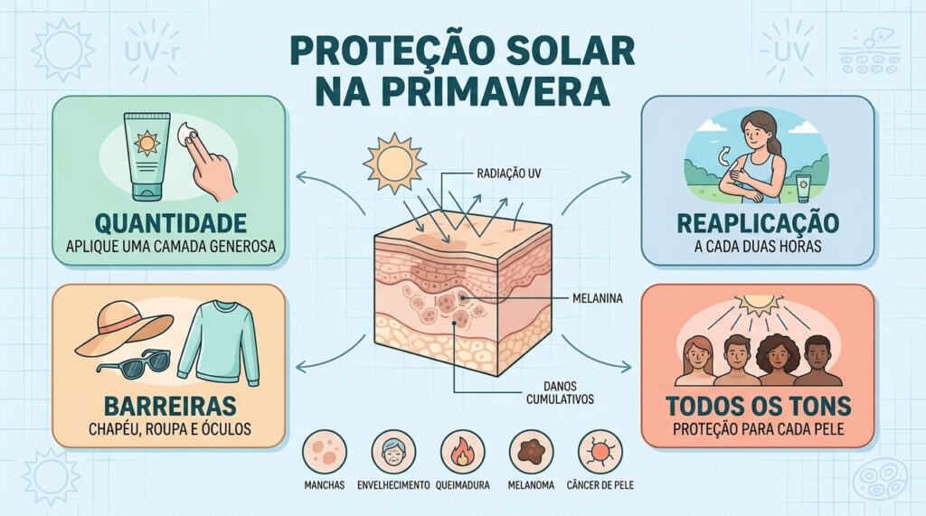 Quantidade correta, reaplicação e barreiras físicas reforçam a proteção solar na primavera.