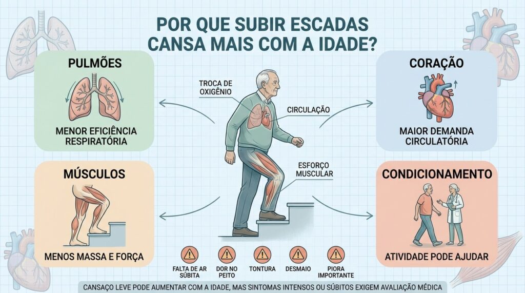 Pulmões, circulação, músculos e condicionamento explicam o maior esforço ao subir escadas.