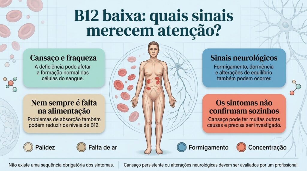 A deficiência de vitamina B12 pode causar cansaço, alterações no sangue e sintomas neurológicos, mas o diagnóstico depende de avaliação adequada.