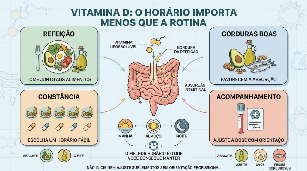 Refeição, gorduras boas, constância e acompanhamento favorecem o uso adequado da vitamina D.