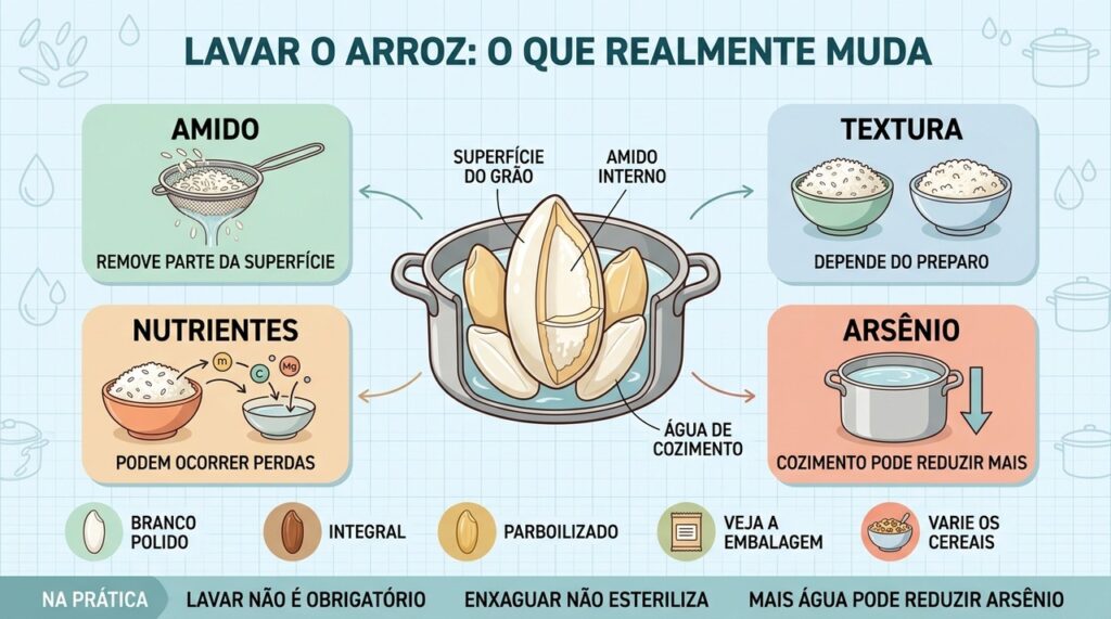 Lavagem, textura, nutrientes e arsênio mudam de formas diferentes no preparo do arroz.