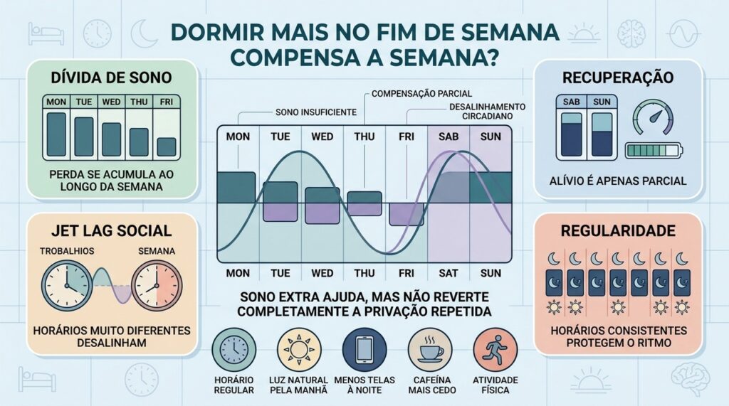 Dívida de sono, recuperação parcial, jet lag social e regularidade explicam a compensação limitada.