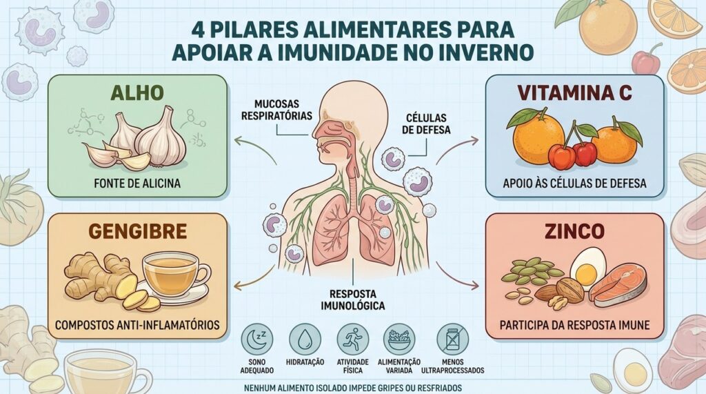 Alho, vitamina C, gengibre e zinco atuam como apoio nutricional à imunidade.