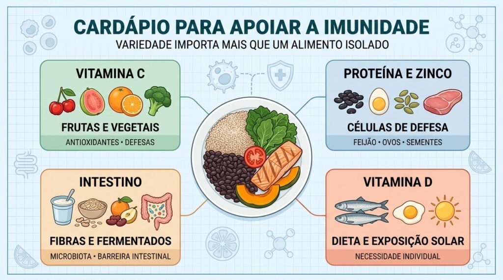 Vitamina C, zinco, proteínas, fibras e fermentados apoiam diferentes funções imunológicas.