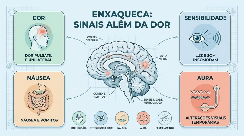 Dor pulsátil, aura, náusea e sensibilidade sensorial ajudam a diferenciar a enxaqueca.