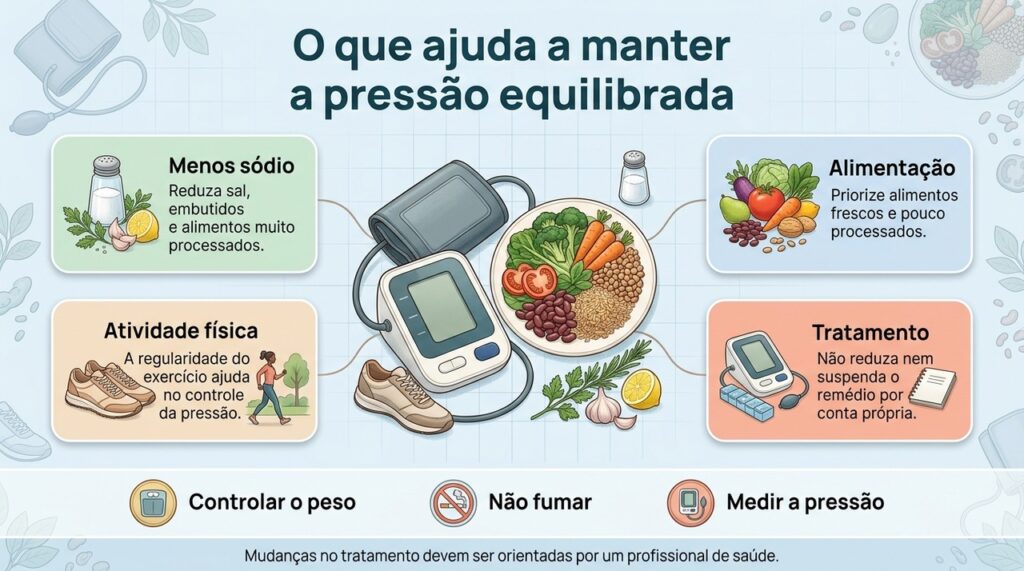 Menos sódio, alimentação equilibrada, atividade física e tratamento adequado ajudam a manter a pressão sob controle.