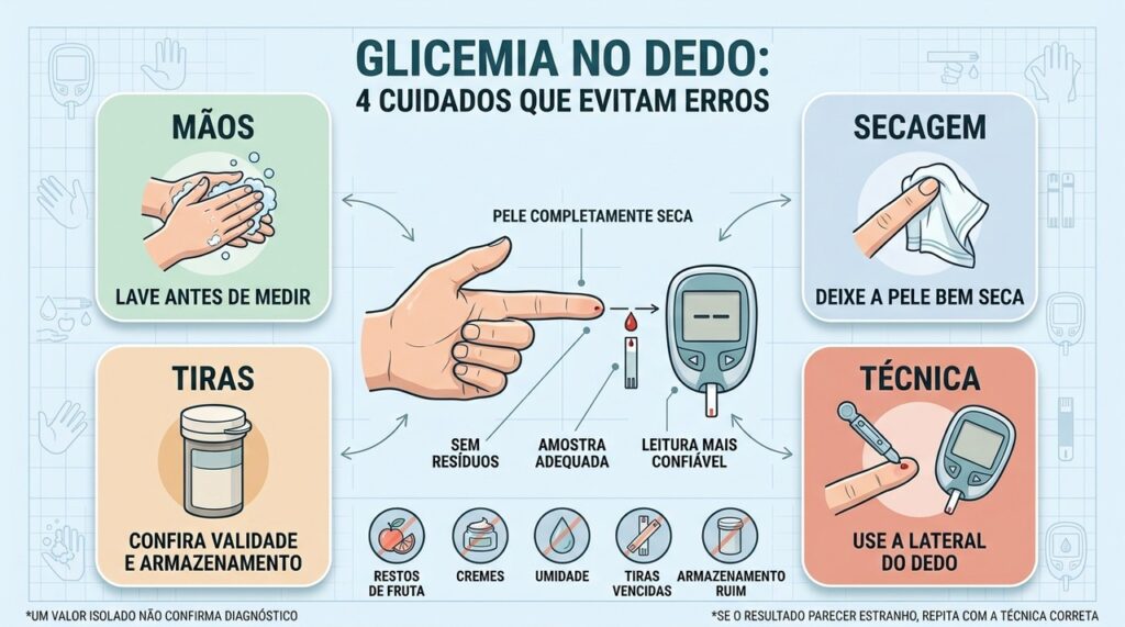 Mãos limpas, tiras adequadas e técnica correta deixam a glicemia mais confiável.