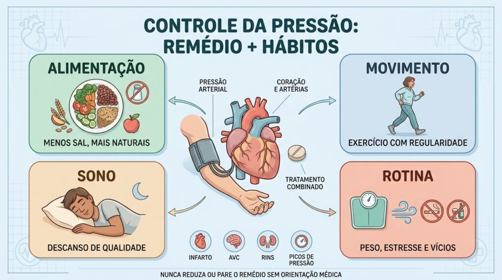Alimentação, exercício e sono reforçam o tratamento médico contra a hipertensão.