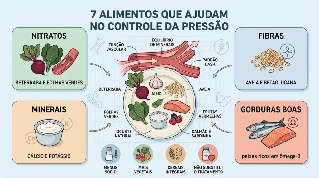 Nitratos, fibras, minerais e ômega-3 complementam uma alimentação favorável à pressão.
