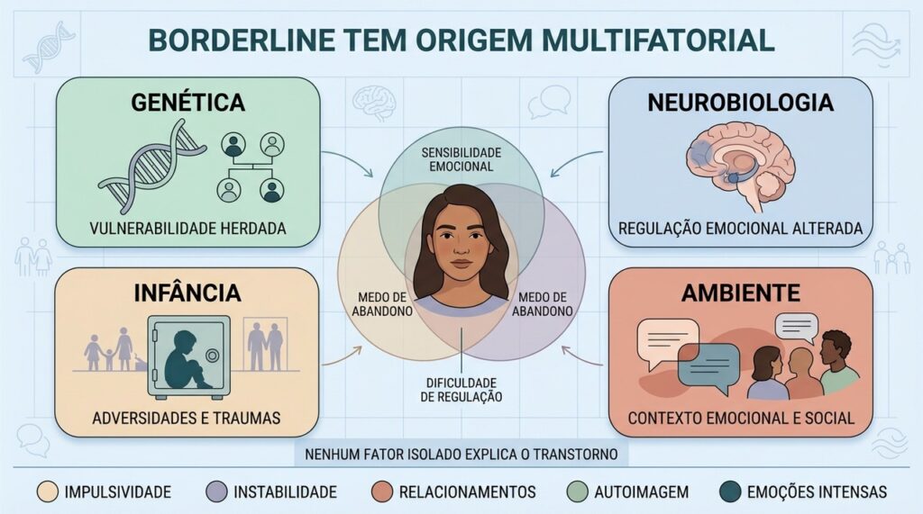 Genética, neurobiologia, infância e ambiente interagem no desenvolvimento do transtorno borderline.