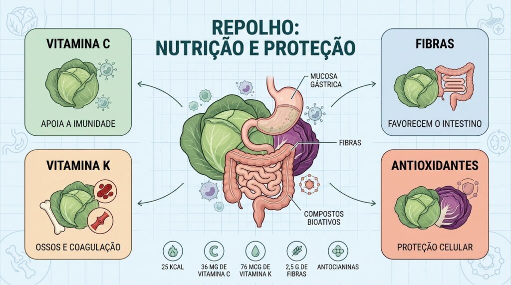 Fibras, vitaminas C e K e antioxidantes fazem do repolho uma escolha nutritiva.