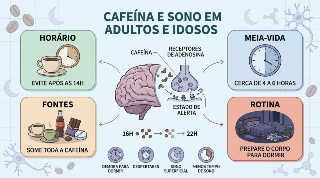 Horário, meia-vida, fontes e rotina influenciam o impacto da cafeína no sono.
